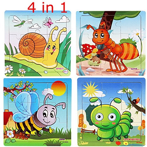 16pcs Wooden Animals Elephant Bee Dolphins Ladybugs Fancy Education and Learning Intelligence Toys Jigsaw Puzzles Present OMGOD Kids Puzzles Toys 4 Pack 